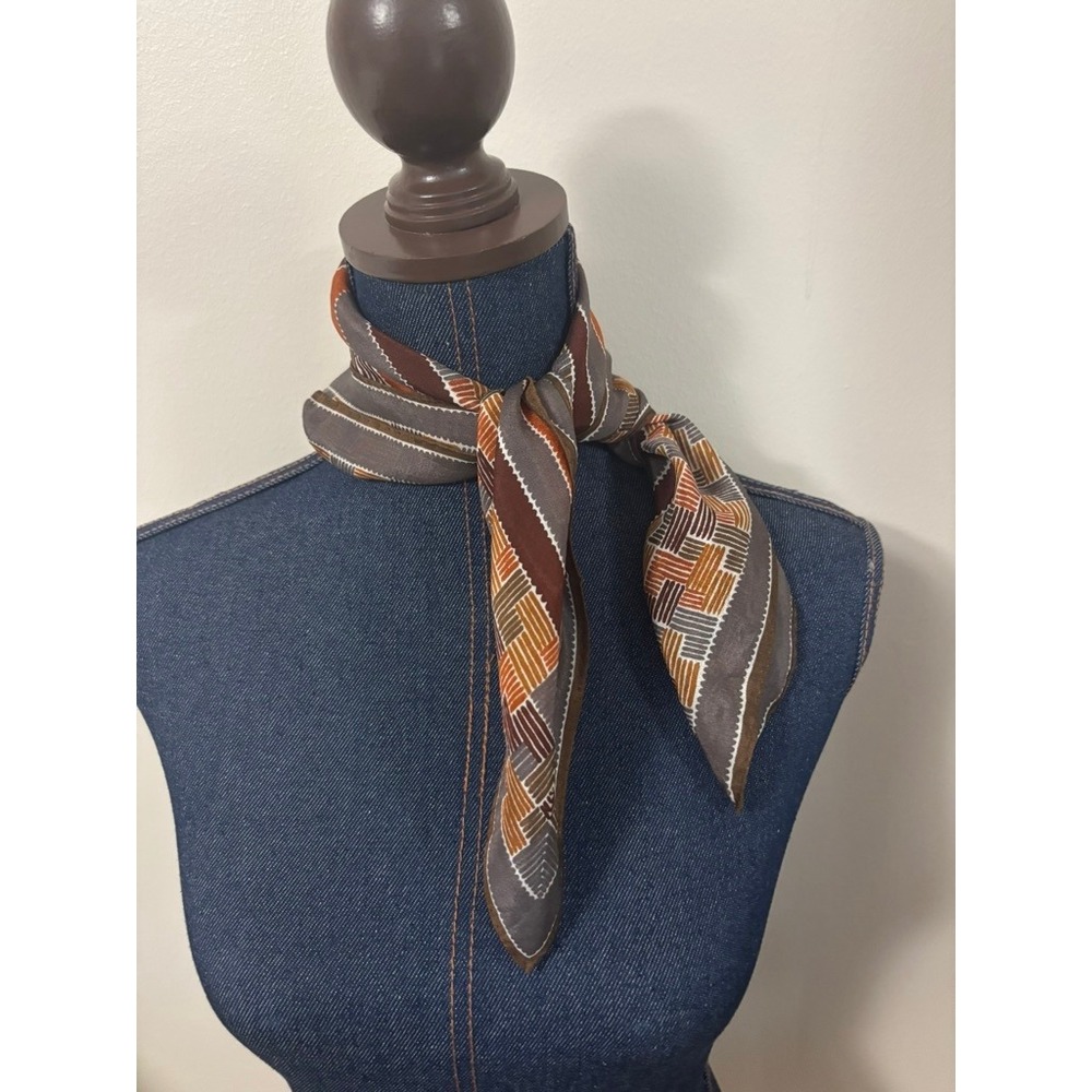 Vera Newman Vintage Silk Blend Scarf Brown Orange Geometric Sheer Square Japan - Picture 4 of 6